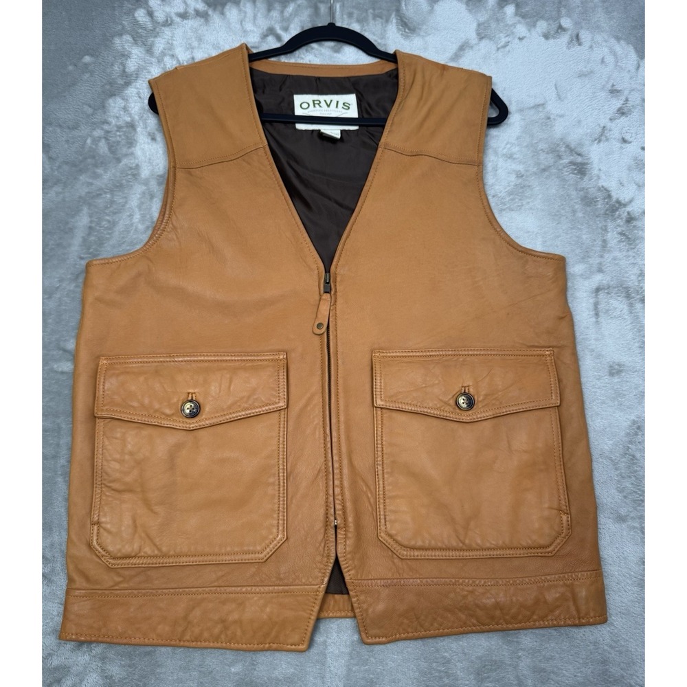 Vintage Orvis Leather Vest Mens Medium Tan Cargo Utility Western Hunting 90s Y2K